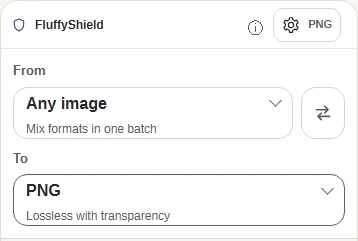 In FluffyBench's PNG converter, confirm To is PNG and open Settings.