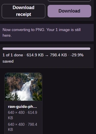 Completed PNG preview, output dimensions and file size, and Download.