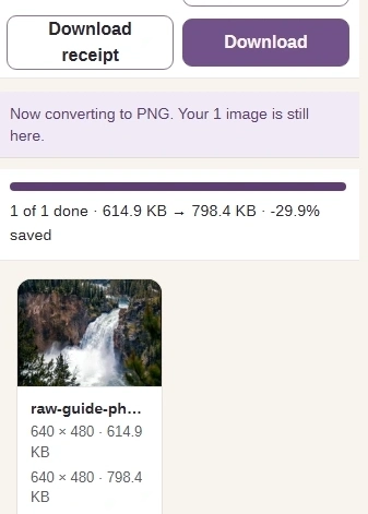 Completed PNG preview, output dimensions and file size, and Download.