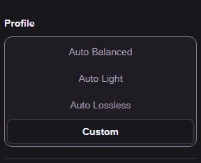 Choose Profile → Custom to make the format and quality choices yourself.