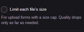 Leave Limit each file’s size unchecked for a format comparison; enabling it adds a size target.
