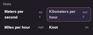 The From picker lists meters per second, kilometers per hour, miles per hour and knot, each with its symbol.