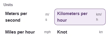 The From picker lists meters per second, kilometers per hour, miles per hour and knot, each with its symbol.