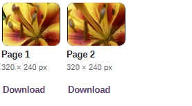 Page 1 and Page 2 from flower-pages.tif, each with a preview, pixel dimensions and Download.