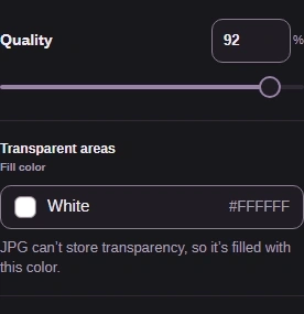 Quality trades detail for file size. Transparent areas shows the fill used for JPG.