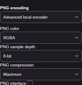 Choose Advanced local encoder and PNG compression → Maximum. RGBA keeps clear areas.