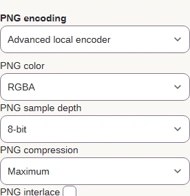 Choose Advanced local encoder and PNG compression → Maximum. RGBA keeps clear areas.
