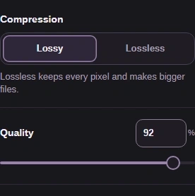 Lossy uses Quality to trade detail for size. Lossless keeps the rendered pixels.