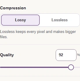 Lossy uses Quality to trade detail for size. Lossless keeps the rendered pixels.