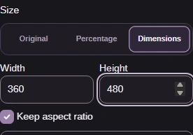 Size → Dimensions sets a pixel box; Keep aspect ratio fits the drawing inside it. Original keeps the SVG’s dimensions; Percentage scales them.