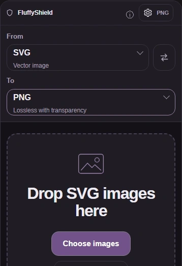 FluffyBench SVG converter with Choose images, To PNG and the Settings button.