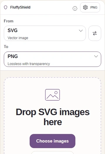 FluffyBench SVG converter with Choose images, To PNG and the Settings button.
