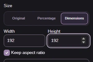 Size set to Dimensions, Width 192, Height 192 and Keep aspect ratio checked.