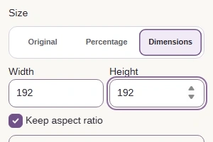 Size set to Dimensions, Width 192, Height 192 and Keep aspect ratio checked.