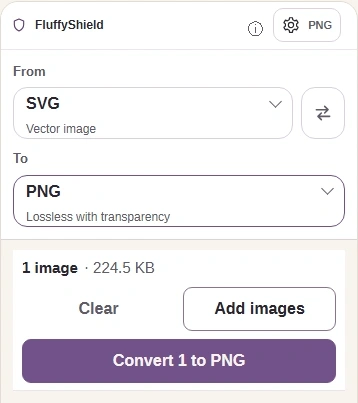 The Settings button closes the size panel; Convert is ready below the drawing.