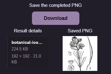 Crops of the completed PNG readout and Download button beside the actual saved botanical PNG.