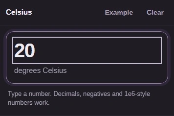 Input value is 20 and its unit reads degrees Celsius.