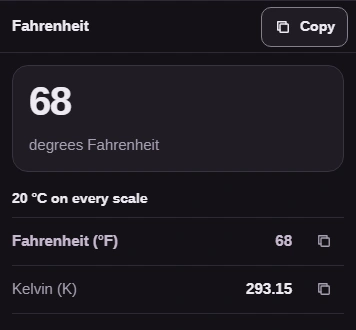 The result is 68 degrees Fahrenheit with Copy above it; the list below shows 293.15 K.