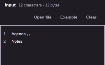 The Input pane in a line-ending mode, with an Open file button and a mark showing each line's ending.