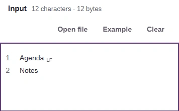 The Input pane in a line-ending mode, with an Open file button and a mark showing each line's ending.