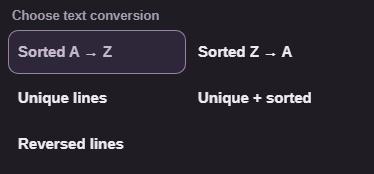 With From on Lines, the To list offers Sorted A to Z, Sorted Z to A, Unique lines, Unique plus sorted and Reversed lines.