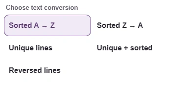 With From on Lines, the To list offers Sorted A to Z, Sorted Z to A, Unique lines, Unique plus sorted and Reversed lines.