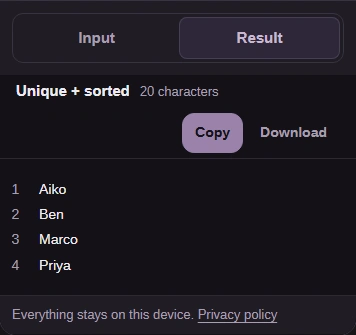 The Result tab lists Aiko, Ben, Marco and Priya, one per line.