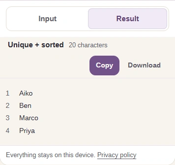 The Result tab lists Aiko, Ben, Marco and Priya, one per line.