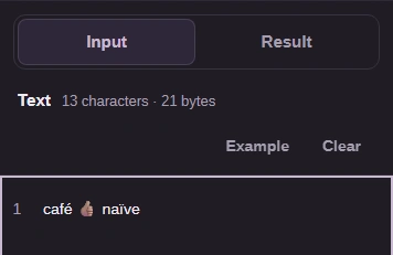 FluffyBench Text Counter on a phone: the Text box holds café 👍🏽 naïve, above it are the Input and Result tabs.