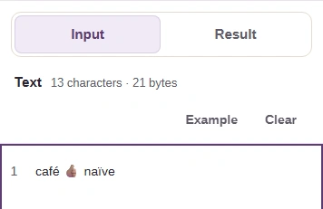 FluffyBench Text Counter on a phone: the Text box holds café 👍🏽 naïve, above it are the Input and Result tabs.