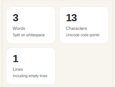 The Words card shows 3, the Characters card shows 13 and the Lines card shows 1.