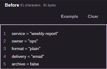 The Before box in FluffyBench Text diff holding five settings lines, with owner = "ops" and archive = false, beside its Example and Clear buttons.