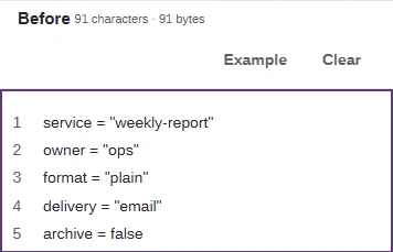 The Before box in FluffyBench Text diff holding five settings lines, with owner = "ops" and archive = false, beside its Example and Clear buttons.