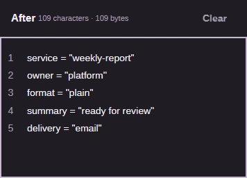 The After box holding the newer settings, with owner = "platform" and a new summary line.