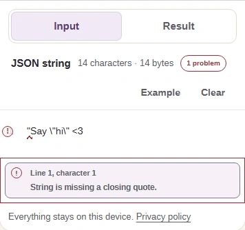 JSON string input missing its closing quote, with FluffyBench's diagnostic message.