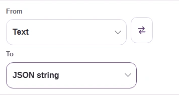 FluffyBench From and To controls set to Text and JSON string.