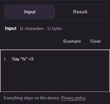 Phone Input view with Say "hi" <3 typed, and the Input and Result tabs.