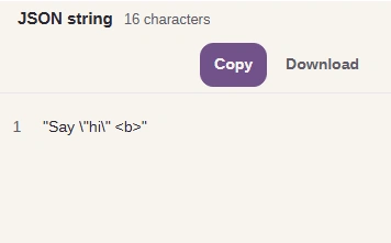 The JSON string result for Say "hi" <b>, with Copy and Download beside it.