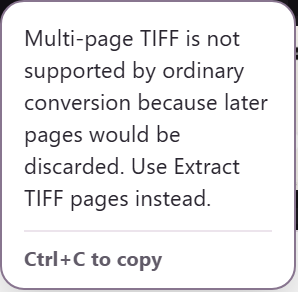 The TIFF converter's Details message says multi-page TIFF needs Extract TIFF pages.