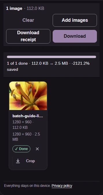 When conversion finishes, Download saves your TIFF to this device.