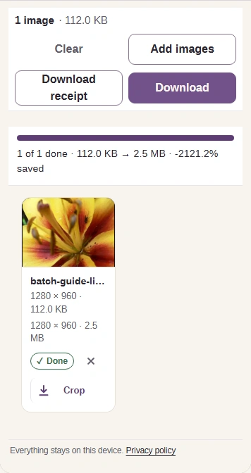 When conversion finishes, Download saves your TIFF to this device.