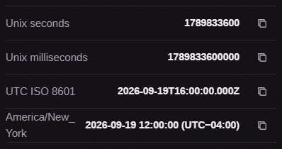 Rows: Unix seconds, Unix milliseconds, UTC ISO 8601 2026-09-19T16:00:00.000Z and America/New_York 2026-09-19 12:00:00 (UTC−04:00).