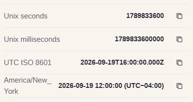 Rows: Unix seconds, Unix milliseconds, UTC ISO 8601 2026-09-19T16:00:00.000Z and America/New_York 2026-09-19 12:00:00 (UTC−04:00).