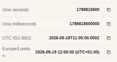Rows: Unix seconds, Unix milliseconds, UTC ISO 8601 2026-09-19T11:00:00.000Z and Europe/London 2026-09-19 12:00:00 (UTC+01:00).