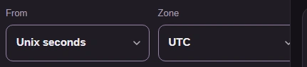 FluffyBench's Timestamp Converter with From set to Unix seconds and Zone set to UTC.
