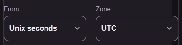 FluffyBench Timestamp Converter with From set to Unix seconds and Zone set to UTC.