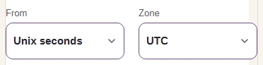 FluffyBench Timestamp Converter with From set to Unix seconds and Zone set to UTC.
