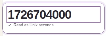 Timestamp or date input contains 1726704000; its read-mode label says Read as Unix seconds.