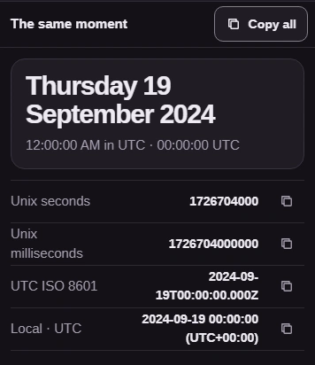 The same moment shows Thursday 19 September 2024, Unix seconds 1726704000, Unix milliseconds 1726704000000 and UTC ISO 8601 2024-09-19T00:00:00.000Z, with Copy all and row copy buttons.
