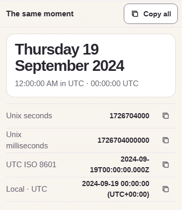 The same moment shows Thursday 19 September 2024, Unix seconds 1726704000, Unix milliseconds 1726704000000 and UTC ISO 8601 2024-09-19T00:00:00.000Z, with Copy all and row copy buttons.